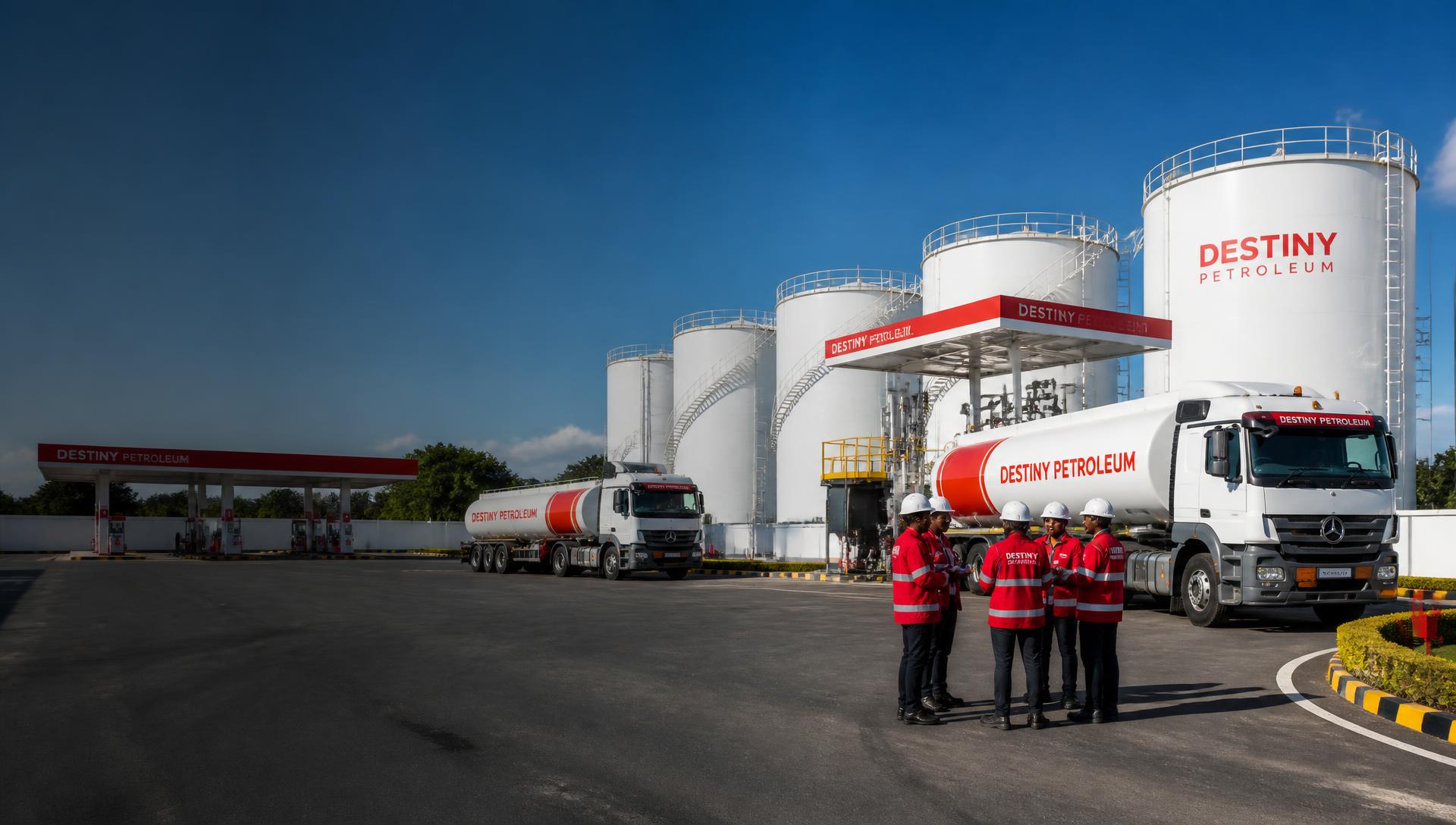 Medium-sized Destiny Petroleum depot with branded trucks, station and safety team in Africa