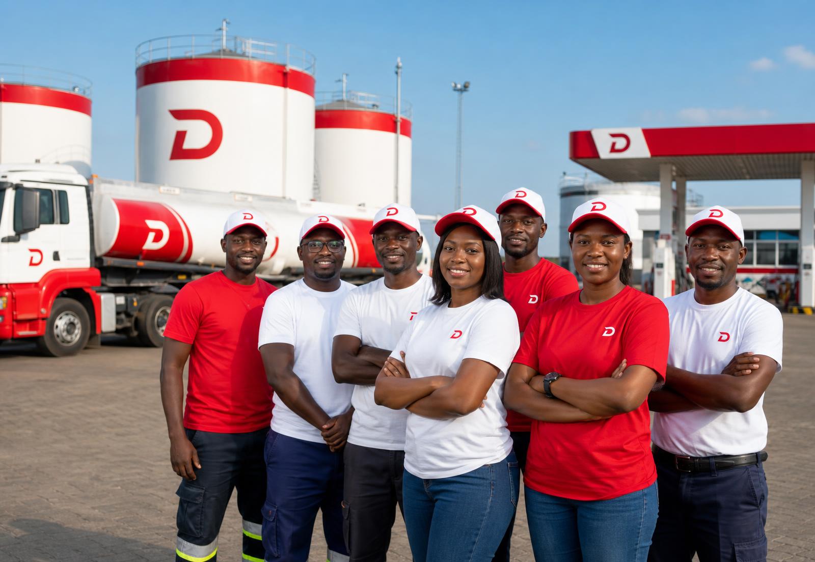 Destiny Petroleum operations team in branded red-and-white t-shirts and caps at an African depot